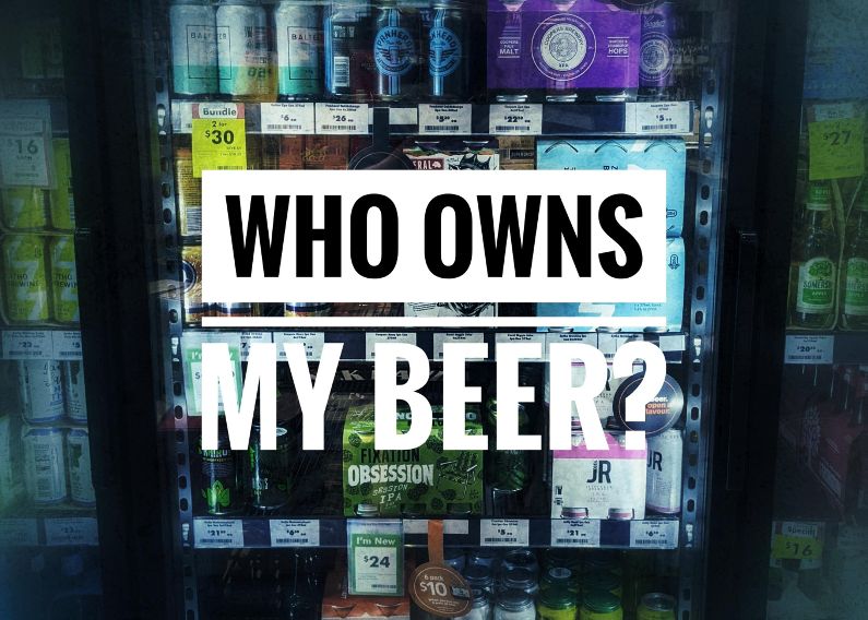 Who Owns My Beer over picture of bottle shop fridge